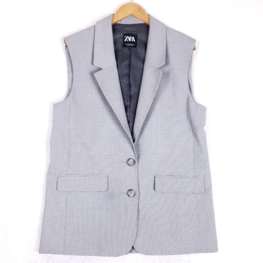 Zara Gray Micro Houndstooth Sleeveless Blazer Vest Large Notched Lapel